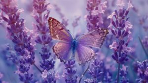 Serenity is evoked by a wallpaper featuring a collage of lavender butterflies against a backdrop infused with lavender