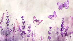 Soft and graceful ambiance is created by the lavender and butterfly watercolor inspired wallpaper