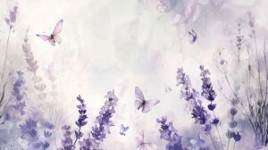 Soft and graceful ambiance is created by wallpaper with lavender and butterfly watercolor inspiration