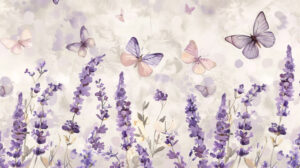 Soft and graceful ambiance is evoked by the lavender and butterfly watercolor inspired wallpaper