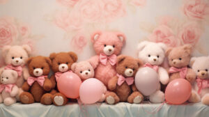 Soft pastel background adorned with adorable teddy bears in various poses