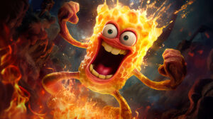 SpongeBob full of vigor strikes a dynamic pose amidst fiery swirls emanating waves of compelling energy as portrayed in the wallpaper SpongeBob dynamic flames energy.jpg