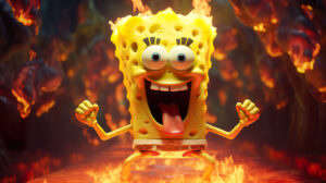 SpongeBob in a dynamic stance, surrounded by swirling flames, radiating energy