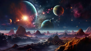 Stunning wallpaper capturing an ethereal harmony amidst planets asteroids and vibrant gases