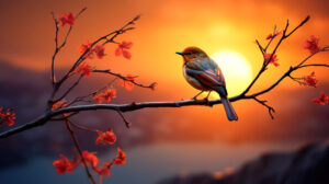 Sunrise backdrop with an orange bird, capturing the magic of the early morning
