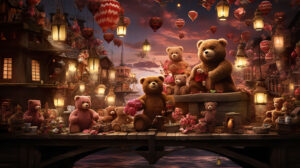 Surreal and imaginative setting with artistic renderings of teddy bears