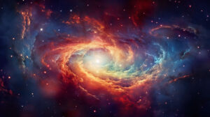 Swirling with vibrant cosmic dust a spiral galaxy unveils a breathtaking view in shades of vibrant hues