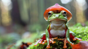 The wallpaper showcases a cute frog sporting a stylish mushroom hat bringing a touch of whimsy to your screen