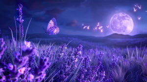 This wallpaper shows a moonlit night with a lavender butterfly trail creating a magical nocturnal scene