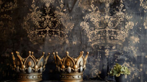 Timeless charm can be found in this wallpaper featuring ornate crowns inspired by vintage design elements