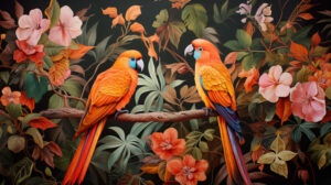 Tropical paradise featuring vibrant orange birds amidst lush foliage