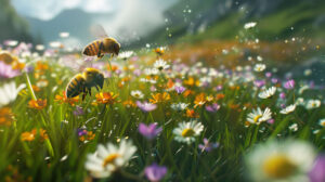 Vibrant and joyous bees buzzing amidst a field of wildflowers painting a lively scene perfect for wallpapers