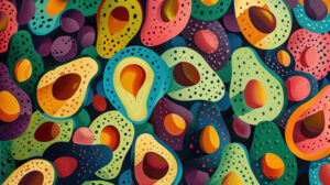 Vibrant and lively wallpaper featuring diverse avocados creatively depicted in different shapes and colors