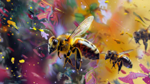 Vibrant colors intertwine with botanical elements in an artistic portrayal of bees in mid flight in this captivating wallpaper