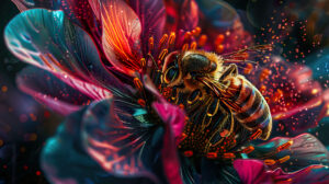 Vibrant flower captures the intricate pollination process in a macro shot with a bee perfect for vibrant wallpapers