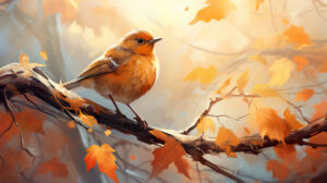 Vibrant wallpaper capturing the essence of autumn through an orange bird resting on a tree branch surrounded by colorful leaves