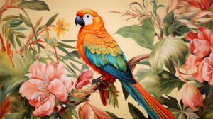 Vibrant wallpaper showcasing a lively scene with a playful orange bird amidst tropical foliage