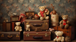 Vintage style wallpaper with a collection of charming and nostalgic teddy bears