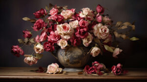 Vintage vase cradles delicate dried roses an embodiment of everlasting beauty in this timeless wallpaper