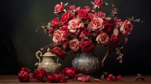 Vintage vase holds delicately dried roses capturing the beauty of time in this timeless wallpaper
