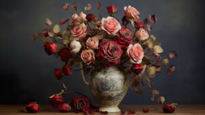 Vintage vase perfectly displays delicate dried roses capturing their timeless beauty in this elegant wallpaper