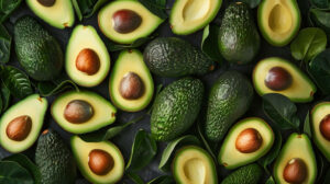 Visually harmonious wallpaper featuring a creative composition where various elements related to avocados seamlessly blend together