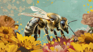 Visually pleasing wallpaper featuring a blended collage of various bee related elements