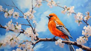 Vivid orange bird rests on a blossoming tree branch its radiant feathers shining in sunlight against a backdrop of blue sky a captivating wallpaper