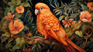Vivid wallpaper showcasing a beautifully ornate orange bird amidst lush foliage and vibrant flowers
