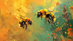 Vividly showcasing bees in flight complemented by botanical surroundings and vibrant hues this wallpaper captures the essence of natures beauty