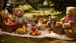 Wallpaper capturing the joy of a childhood teddy bear picnic scene brought to life on your screen