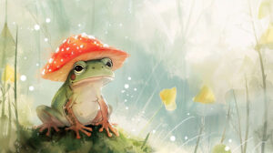 Wallpaper featuring a frog in an elegant mushroom hat over a watercolor inspired background exuding charm