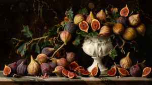 Wallpaper featuring a vibrant mix of ripe and unripe figs in a visually dynamic composition titled Fig Still Life Balance