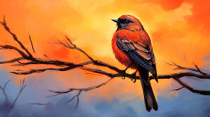 Wallpaper featuring a vibrant orange bird set against a gradient sky shifting from warm hues to deep oranges