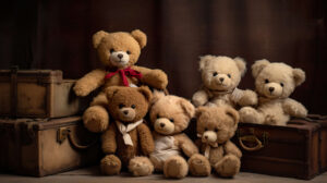 Wallpaper of vintage teddy bears in sepia tones captures a timeless charm