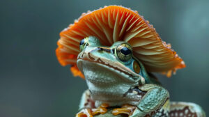 Wallpaper portraying a frog donning a fashionable mushroom hat that harmonizes nature and creativity