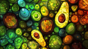 Wallpaper presenting vivid playful avocados in various shapes and colors