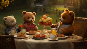 Wallpaper showcasing a delightful Teddy Bear picnic scene evoking an enchanting sense of childhood joy on your screen