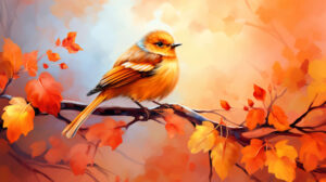 Wallpaper showcasing an orange bird perched on a tree branch amidst autumn leaves evoking seasonal vibes
