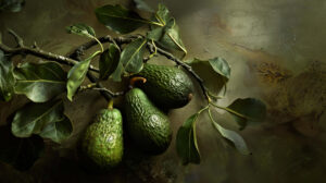 Wallpaper showcasing gracefully entwined branches of avocado trees in a botanical arrangement lending an elegant touch