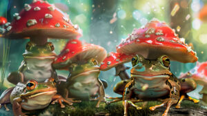 Wallpaper showcasing whimsical frogs adorned with large mushroom hats in a vivid and lively environment