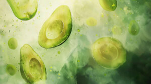 Watercolor inspired background with floating avocado slices, creating a dreamy atmosphere
