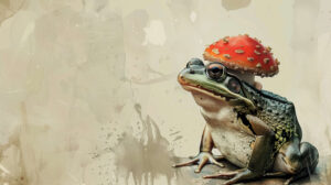 Watercolor inspired wallpaper featuring a frog wearing a stylish mushroom hat that radiates charm.jpg
