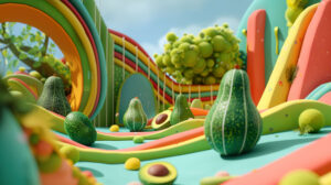 Whimsical avocado scene with playful patterns, evoking a sense of creativity