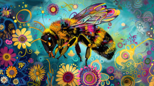 Whimsical bee scene with flowers and swirling patterns, creating a playful ambiance