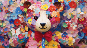 Whimsical patterns and delightful colors in an aesthetic Teddy bear collage can be seen in this charming wallpaper