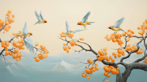Whimsical scene with multiple orange birds in flight, creating a dynamic display