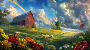 A barnyard in springtime, with blooming flowers, newborn lambs frolicking in the fields, and a rainbow stretching across the sky