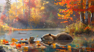A beaver family enjoying a leisurely swim in a tranquil pond, surrounded by the vibrant colors of fall foliage