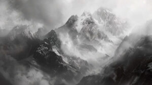 A breathtaking black and white wallpaper showcasing majestic snow capped peaks towering into the clouds amidst a rugged terrain